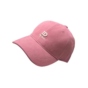 Pink cotton baseball cap with white ID embroidery and curved brim for women