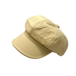 Classic khaki checkered newsboy cap with a structured brim and multi-panel crown