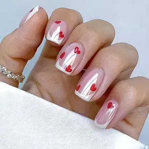 French Tip Heart Press On Nails Short Square Glossy Fake Nails Sweet Pink Red Heart Electroplated Removable Nails For Women