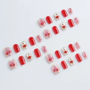 Sweet red heart cat-eye press-on nails set with strawberry dessert and gradient bow design