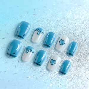 Blue Cat Eye Press On Nails With Heart Pattern Glossy Short Square False Nails For Women Manicure Nail Art Decoration