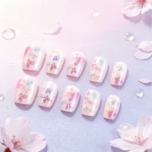 Sweet Fresh Floral Press On Nails Short Square Round Elegant Colorful Flower Butterfly False Nails For Women Daily Manicure