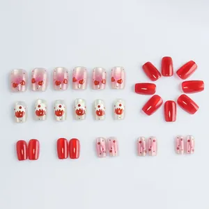 Red heart cat-eye press-on nails with sweet bow design and glitter gradient finish