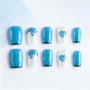Glossy sky blue heart and fluid drop press-on nail set with white accents