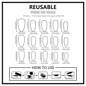 Detailed size chart for press-on nails showing 15 sizes and a 5-step usage guide