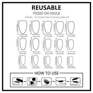 Detailed size chart for press on nails showing 15 different sizes with cm and inch dimensions