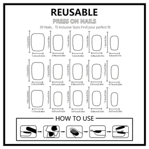 Size chart for 30pcs reusable press on nails showing 15 different dimensions and instructions