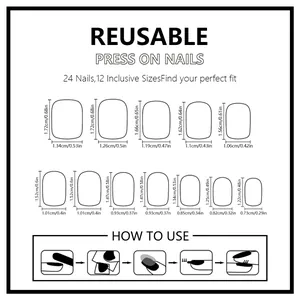 Size chart for 24pcs reusable press on nails with 12 sizes and a 5-step usage guide