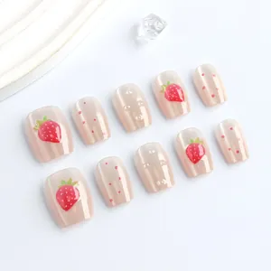 Short ladder glossy pink cat-eye press-on nails with 3D strawberry and water drop designs