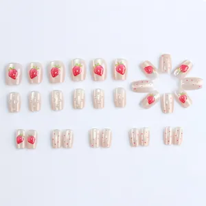 Short trapezoid glossy press-on nails with sweet pink strawberry design and cat eye finish