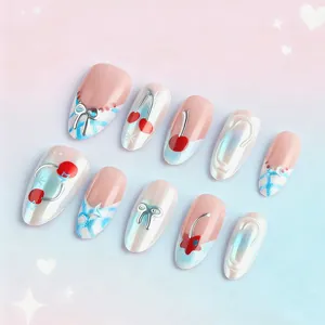3D Cherry Almond Press On Nails With Silver Bow Sweet Gradient Embossed Fake Nails For Women Daily Party Nail Art Decoration