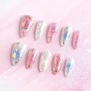 Faux Ongles à Coller Amande Aurore Oeil de Chat Relief Floral Doux Rose Bleu Luxe Faux Ongles Peints à la Main Pour Femmes