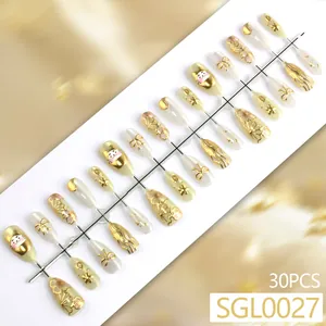 Set de 30 faux ongles de luxe avec nœud doré et fleurs en émail vintage