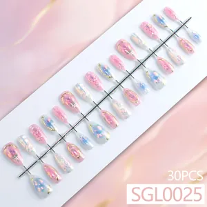 Lot de 30 faux ongles amande Aurora avec relief floral 3D et effet œil de chat brillant