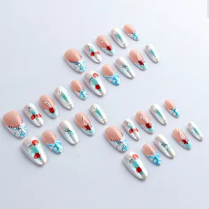 3D cherry and silver bow almond press-on nails with blue plaid and pearlescent finish