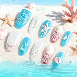 Ocean Theme Almond Press On Nails 3D Sea Star Shell Pearl Design Sky Blue White Marble Summer Beach DIY Manicure Kit