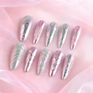 Luxury Aurora Gradient Press On Nails 3D Relief Heart Wave Long Pointed Almond Fake Nails Manicure For Women Daily Art