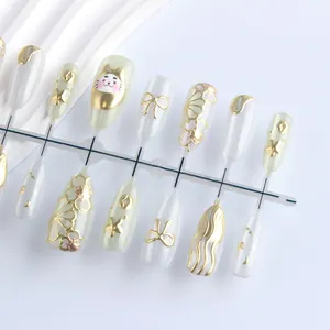Détail de faux ongles de luxe avec motifs de chat porte-bonheur et émail floral