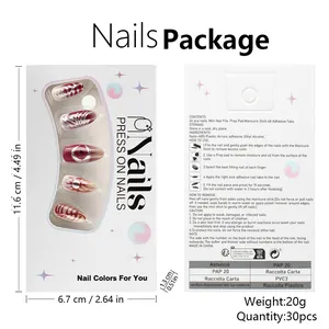 Detailed packaging dimensions and usage instructions for almond starry press-on nails