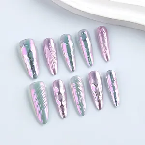 Long almond press-on nails with 3D metallic aurora gradient and relief heart textures