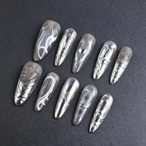 Y2K grey cat eye press-on nails with 3D silver liquid metal heart and butterfly designs
