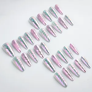Pink and green aurora gradient long stiletto press-on nails with 3D metallic texture