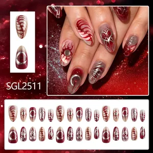 Starry dark red almond press-on nails with 3D gold heart and silver flame designs