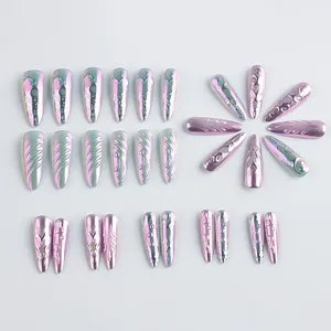 Chic long stiletto press-on nails with purple aurora metallic finish and 3D relief texture