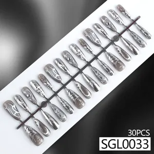 Silver 3D heart chrome press-on nails set with 30 pieces long coffin shape tips