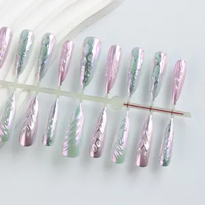 Macro view of long almond press-on nails with 3D metallic liquid texture and aurora finish