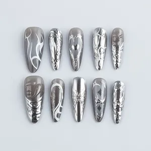 Y2K Cat Eye Press On Nails Metallic Heart Butterfly Tribal Flame Chrome Silver Grey Gothic Long Almond Fake Nails For Women