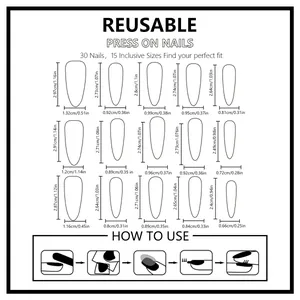 Size chart for 30pcs long almond press on nails with 15 sizes and usage instructions