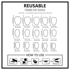 Detailed size chart for 30-piece reusable pink gradient press-on nails in 15 dimensions