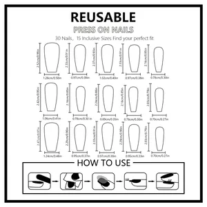 Size guide for 30pcs gold relief press-on nails in 15 sizes with usage instructions