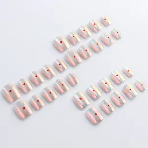 Iridescent short round press-on nails with red heart patterns for Valentine's Day