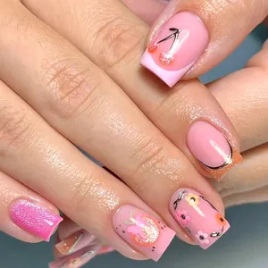 French Style Pink Press On Nails Flower Cherry Glitter Square Fake Nails With Adhesive Glue For Women Nail Art Decoration