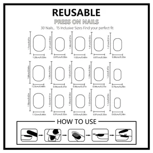 Size chart showing 15 nail sizes and 5-step application guide for pink gradient press-on nails