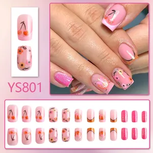 Pink press-on nails with cherry designs, floral patterns and glitter, 24-piece set