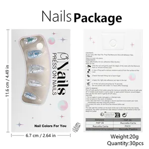 Macro view of blue 3D press-on nails set with pearls, bows and application tool kit