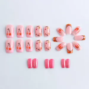 Pink and orange press-on nails with cherry, floral and glitter patterns, 24pcs set