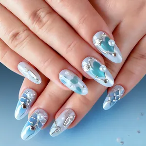 Blue Gradient Almond Press On Nails With 3D Bowknot Heart Artificial Pearl Rhinestone Decoration Elegant Fashion Fake Nails For Women