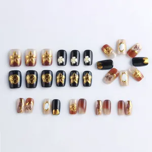 Short trapezoid cat eye press-on nails with vintage gold relief and gradient design