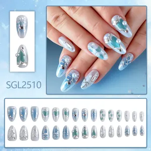 Blue gradient almond press-on nails with 3D bows, pearls, and heart details, 24pcs set