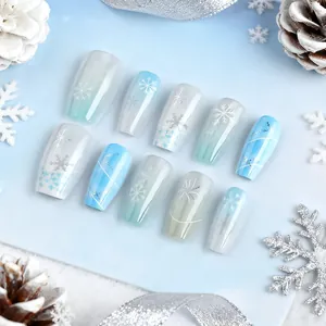 Blue and white gradient coffin press-on nails with winter snowflake and silver line art
