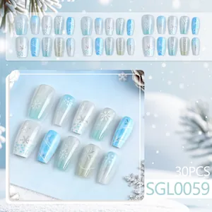 Short trapezoid cat eye nails with blue and white snowflake designs, 30pcs set