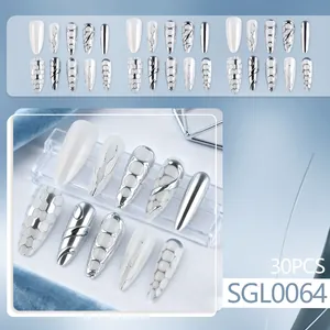 30PCS silver metallic almond press-on nails with 3D mesh patterns and mirror finish