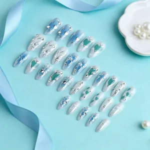 3D blue gradient press-on nails set with pearls, silver hearts and bow designs