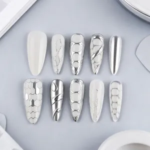Metallic Silver Long Stiletto Press On Nails Mesh Stripe 3D Liquid Metal White Pattern Women Fake Nails Fashion Manicure