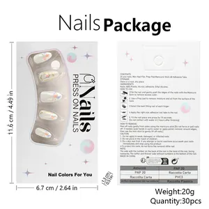 Front and back packaging details for 30pcs floral press-on nails with user instructions
