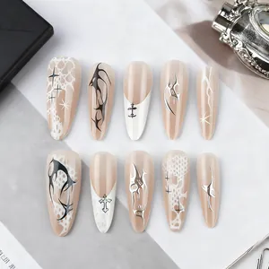 Gothic Dark French Press-on Nails With Cat Eye Effect Silver Liquid Metal Lace Cross Stars Design Long Stiletto Shape